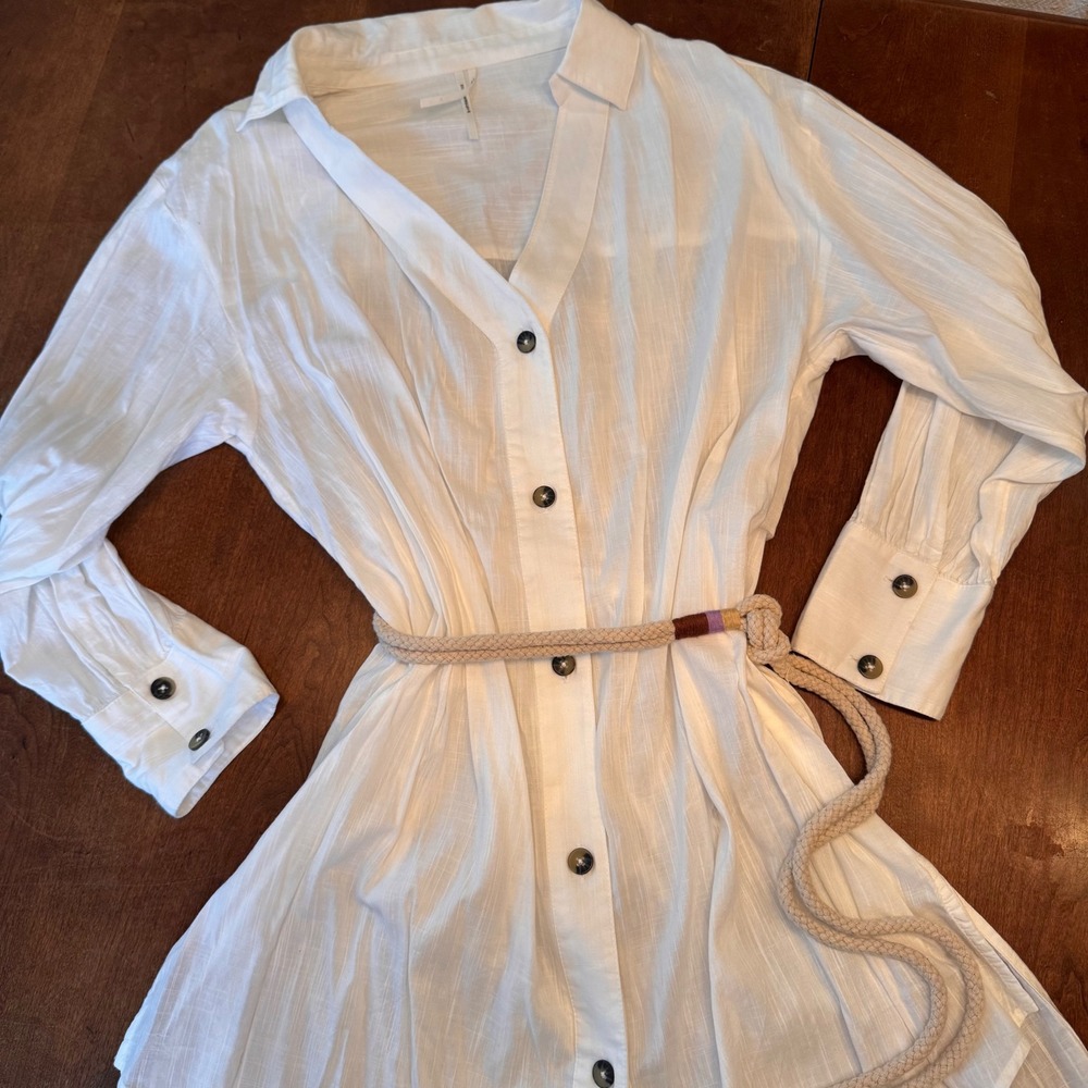 Anthropologie Shirt Dress Women S White Button Front Rope Belt Long Sleeve Slub